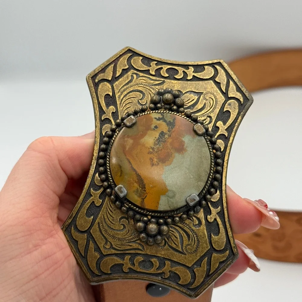 Tooled Leather Belt Mens Jasper Stone Buckle 44 Tan Brown Western Boho Handmade